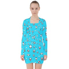 Panda Pattern V-neck Bodycon Long Sleeve Dress by Valentinaart