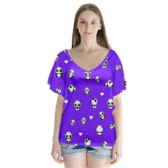 Panda Pattern V-neck Flutter Sleeve Top by Valentinaart