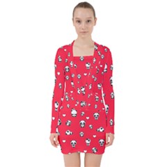 Panda Pattern V-neck Bodycon Long Sleeve Dress by Valentinaart