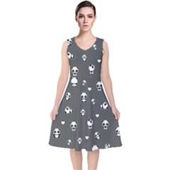 Panda Pattern V-neck Midi Sleeveless Dress 