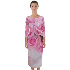 Pink Roses Quarter Sleeve Midi Bodycon Dress by NouveauDesign