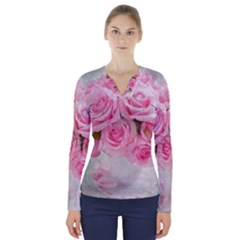 Pink Roses V-neck Long Sleeve Top by NouveauDesign