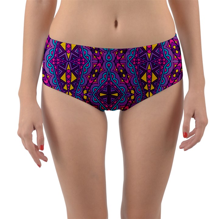 Aztec Purple Pattern Reversible Mid-Waist Bikini Bottoms