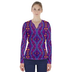 Aztec Purple Pattern V-neck Long Sleeve Top