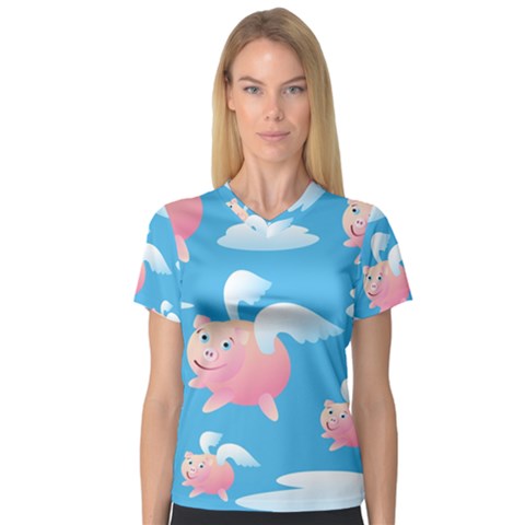 Flying Piggys Pattern V-neck Sport Mesh Tee by Bigfootshirtshop