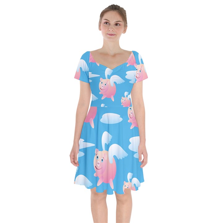 Flying Piggys Pattern Short Sleeve Bardot Dress