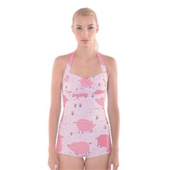 Pigs And Flowers Boyleg Halter Swimsuit  by Bigfootshirtshop