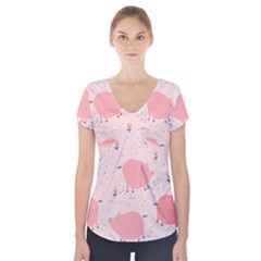 Pigs And Flowers Short Sleeve Front Detail Top by Bigfootshirtshop