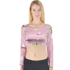 Dragonfly And White Flowers Pattern Long Sleeve Crop Top by Bigfootshirtshop