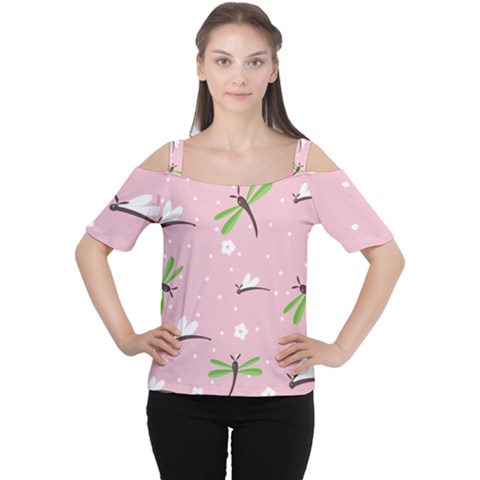 Dragonfly And White Flowers Pattern Cutout Shoulder Tee by Bigfootshirtshop