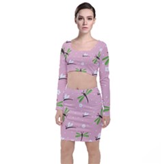 Dragonfly And White Flowers Pattern Long Sleeve Crop Top & Bodycon Skirt Set