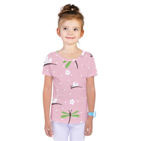 Dragonfly And White Flowers Pattern Kids  One Piece Tee by Bigfootshirtshop