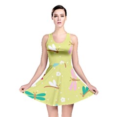 Colorful Dragonflies And White Flowers Pattern Reversible Skater Dress by Bigfootshirtshop