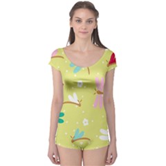 Colorful Dragonflies And White Flowers Pattern Boyleg Leotard  by Bigfootshirtshop