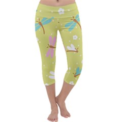 Colorful Dragonflies And White Flowers Pattern Capri Yoga Leggings by Bigfootshirtshop