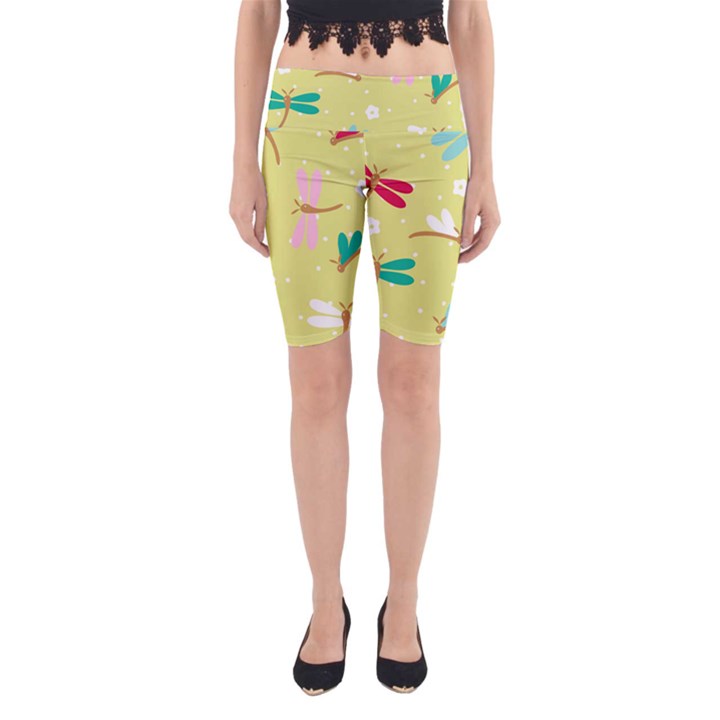 Colorful Dragonflies And White Flowers Pattern Yoga Cropped Leggings