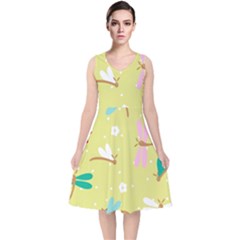 Colorful Dragonflies And White Flowers Pattern V-neck Midi Sleeveless Dress 