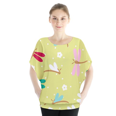 Colorful Dragonflies And White Flowers Pattern Blouse by Bigfootshirtshop