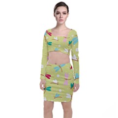 Colorful Dragonflies And White Flowers Pattern Long Sleeve Crop Top & Bodycon Skirt Set