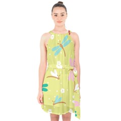 Colorful Dragonflies And White Flowers Pattern Halter Collar Waist Tie Chiffon Dress by Bigfootshirtshop