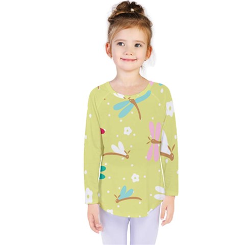 Colorful Dragonflies And White Flowers Pattern Kids  Long Sleeve Tee by Bigfootshirtshop