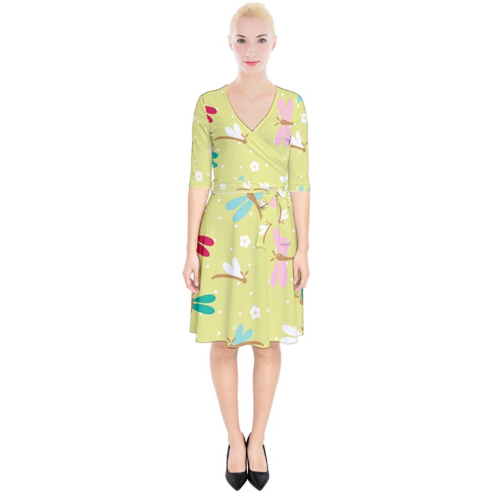 Colorful Dragonflies And White Flowers Pattern Wrap Up Cocktail Dress