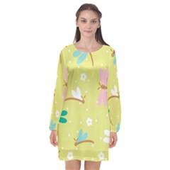 Colorful Dragonflies And White Flowers Pattern Long Sleeve Chiffon Shift Dress  by Bigfootshirtshop