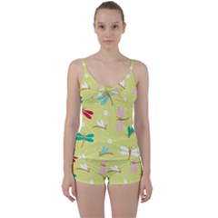 Colorful Dragonflies And White Flowers Pattern Tie Front Two Piece Tankini by Bigfootshirtshop