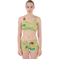 Colorful Dragonflies And White Flowers Pattern Work It Out Sports Bra Set