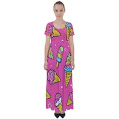 Summer Ice Creams Flavors Pattern High Waist Short Sleeve Maxi Dress