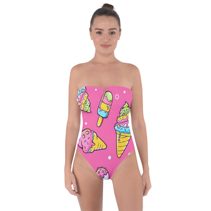 Summer Ice Creams Flavors Pattern Tie Back One Piece Swimsuit