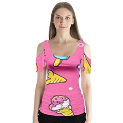 Summer Ice Creams Flavors Pattern Butterfly Sleeve Cutout Tee 