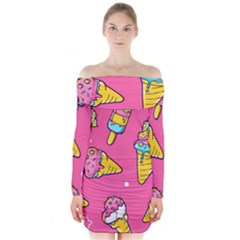 Summer Ice Creams Flavors Pattern Long Sleeve Off Shoulder Dress