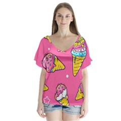 Summer Ice Creams Flavors Pattern V-Neck Flutter Sleeve Top