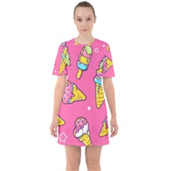 Summer Ice Creams Flavors Pattern Sixties Short Sleeve Mini Dress