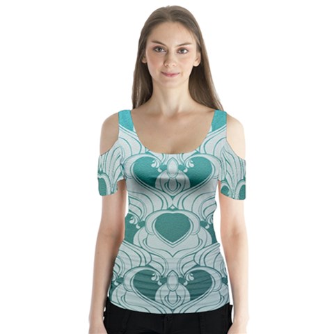 Teal Art Nouvea Butterfly Sleeve Cutout Tee  by NouveauDesign