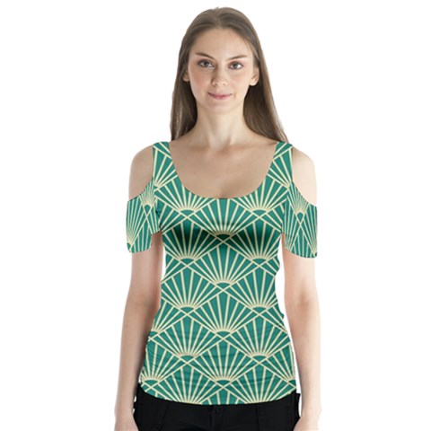 Green Fan  Butterfly Sleeve Cutout Tee  by NouveauDesign