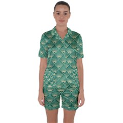 Green Fan  Satin Short Sleeve Pyjamas Set by NouveauDesign