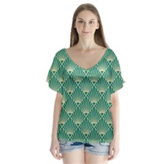 Green Fan  V-neck Flutter Sleeve Top by NouveauDesign