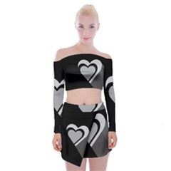 Heart Love Black And White Symbol Off Shoulder Top With Mini Skirt Set by Celenk