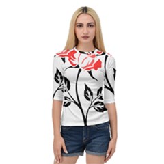 Flower Rose Contour Outlines Black Quarter Sleeve Raglan Tee