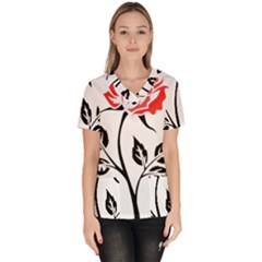 Flower Rose Contour Outlines Black Scrub Top