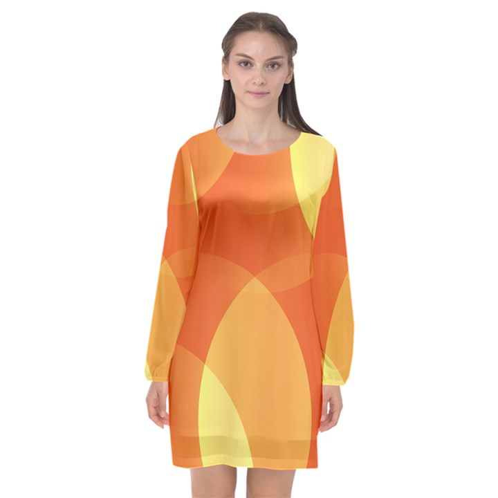 Abstract Orange Yellow Red Color Long Sleeve Chiffon Shift Dress 