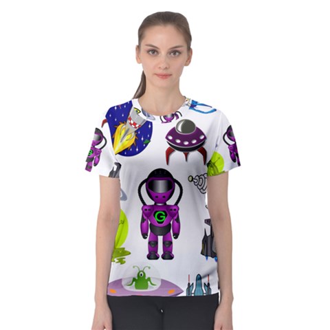 Space Clip Art Aliens Space Craft Women s Sport Mesh Tee by Celenk