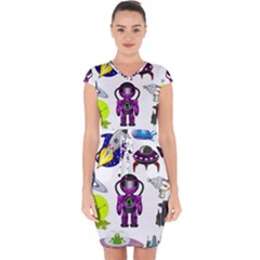 Space Clip Art Aliens Space Craft Capsleeve Drawstring Dress  by Celenk