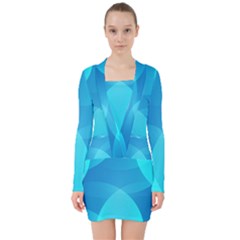 Abstract Blue Wallpaper Wave V-neck Bodycon Long Sleeve Dress