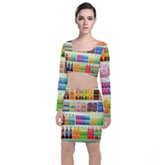 Supermarket Shelf Products Snacks Long Sleeve Crop Top & Bodycon Skirt Set