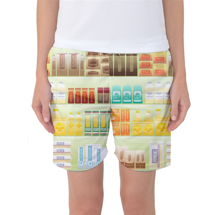 Supermarket Shelf Coffee Tea Grains Women s Basketball Shorts