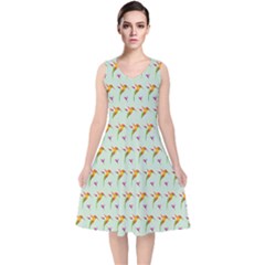 Birds Hummingbirds Wings V-neck Midi Sleeveless Dress 