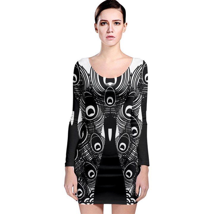 Peacock Bird Animal Feather Long Sleeve Bodycon Dress